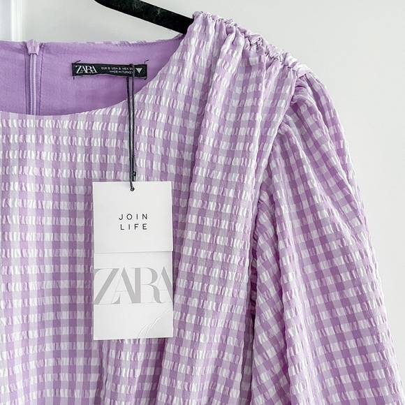 ZARA Blogger Lilac Gingham Ruched Mini Dress - Picture 2 of 16